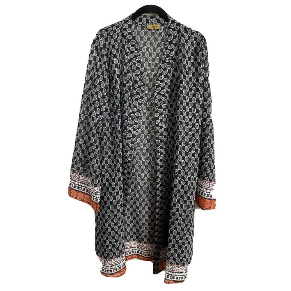Jorja M Floral Kimono Black White Paisley‎ Tribal Hem Boho Festival Cottagecore